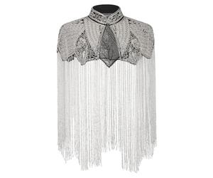 ZEPFJHE Étole en polyester avec perles 3D et franges spectaculaires pour tapis rouge architecte, noir/argenté, taille unique