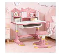 Zephylix Bureau pour enfants, table et chaises, table d'étude réglable en hauteur, bureau pour filles avec panneau arrière château, bureau élargi, support de livres et tiroir de rangement