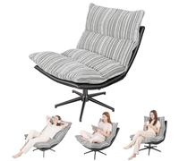 Zephylix Rocking Swivel Accent Chair, 360-Degree Rotating Lounge Chair with 3-Level Adjustable Backrest, Ergonomic Oversized Reading for Living Room, Bedroom, Office Gris Blanc Bande