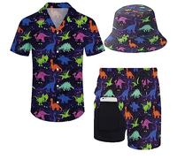 ZePinger Ensemble chemise et short des années 80 pour homme - Tenue des années 80 et 90 - Chemise boutonnée des années 90 avec chapeau cloche, Dinosaures drôles fluo, XX-Large