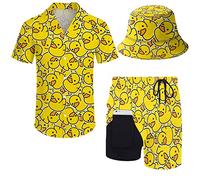ZePinger Ensemble chemise et short en toile de canard jaune pour homme avec chemise boutonnée, short 2 pièces avec chapeau cloche, Jaune canard, X-Large