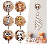 ZEPIQOR Lot de 6 crochet mural, crochets muraux autocollants en bois pour enfants, patères en forme d'animaux pour enfants, patères murales en bois, cadeau déco chambre d'enfant