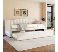 Zepneiy Canapé-lit Multifonctionnel, 90x200cm, avec lit gigogne, Style Minimaliste, Canapé-lit Simple avec éclairage LED, Tissu en Lin, Beige (Matelas Non Inclus)