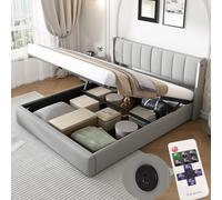 Zepneiy Lit 140 x 190 avec Sommier LED et USB, Lit Coffre 140x190 avec Rangement et Tete de Lit Réglable, Lit Double avec à Lattes Lit 2 Personnes, Lit Rembourré Cadre de Lit 140 x 190(sans Matelas)