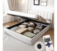 Zepneiy Lit 140 x 190 avec Sommier LED et USB, Lit Coffre 140x190 avec Rangement et Tete de Réglable, Lit Double Hydraulique avec à Lattes 2 Personnes, Lit Rembourré Cadre de PU(sans Matelas)