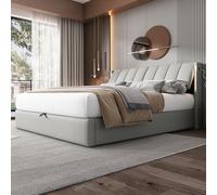 Zepneiy Lit 140x200 avec Sommier LED et USB, Lit Coffre 140x200 avec Rangement et Tete de Lit Réglable, Lit Double avec à Lattes Lit 2 Personnes, Lit Capitonné Cadre de lit 140x200(sans Matelas)