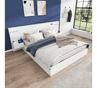 Zepneiy Lit 160 x 200 cm avec haut-parleur Bluetooth et USB, lit en bois 160 x 200 cm avec 2 tables de chevet et tête de lit, lit double avec design matelas intégré, structure moderne, blanc