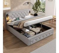 Zepneiy Lit 160x200 avec Sommier avec Downlight et USB, Lit Double Coffre 160x200 avec tête de lit à Rayures Losanges, Cadre de Rembourré Moderne en Lin Gris(sans Matelas)