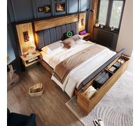 Zepneiy Lit 160x200 avec sommier avec Lampe de Lecture, Lit Coffre 160x200 avec Table de Chevet et Banquette USB C avec rangements, Cadre de capitonné en Métal Bois et Lin Chêne (sans Matelas)