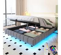 Zepneiy Lit 160x200 avec Sommier LED et hydrolique, avec Espace de Rangement et sans tête de, Lit Double avec Cadre de lit Flottant, Cadre de en Lin Gris (sans Matelas)