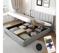 Zepneiy Lit 160x200 avec Sommier LED et USB, Coffre de Rangement, Tête Réglable, Double à Lattes pour 2 Personnes, Rembourré (Sans Matelas)