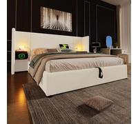 Zepneiy Lit 180×200 avec Lampe de Lecture et USB, Lit Rembourré 180×200 cm avec Table de Chevet, Lit Double avec Sommier à Lattes, Bois Massif et Métal, Lit de Rangement Lit Adolescent, Cadre de Lit