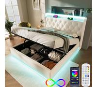 Zepneiy Lit 180 x 200 cm avec USB et LED avec bouton App Télécommande, lit rembourré 180 x 200 cm, avec compartiment de rangement et tête de lit, lit pour garçons, lit double avec structure en cuir PU