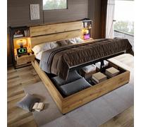 Zepneiy Lit 180x200 avec sommier à Lattes et hydraulique, Lit Coffre 180x200 avec tiroirs et Port de Chargement USB TypeC, Cadre de en Bois, Chêne (sans Matelas)