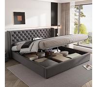 Zepneiy Lit 180x200 avec Sommier à Lattes, Lit Coffre Rembourré 180x200 en Forme d'oreille avec hydraulique Espace de Rangement, Cadre de en Tissu Velours Anti salissures Gris(sans Matelas)