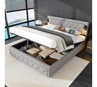 Zepneiy Lit 180x200 avec Sommier avec Downlight et USB, Lit Double Coffre 180x200 avec tête de lit à Rayures Losanges, Cadre de Rembourré Moderne en Lin Gris(sans Matelas)