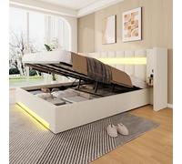 Zepneiy Lit 180x200 avec sommier et LED et Large tête de, Lit Double avec 2 Ports USB et hydraulique et angement sous Le, Cadre de Multifonctionnel en Velours Beige(sans Matelas)