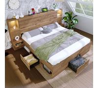Zepneiy Lit 180x200 avec sommier et Spots LED et USB Type-C, Lit Coffre 180x200 avec Tables de Chevet flottantes, Espace de Rangement sous Le tiroirs, Cadre de en Bois, Chêne (sans Matelas)