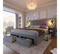 Zepneiy Lit 180x200 avec Sommier LED et USB et 2 Tables de Chevet, Lit Coffre 180x200 avec 4 Tiroirs et Tete, Lit Double avec à Lattes 2 Personnes, Lit Rembourré Cadre de Velours (sans Matelas)