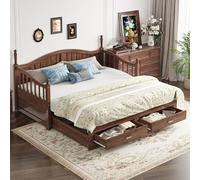 Zepneiy Lit 90x190 avec lit gigogne, Canapé lit avec 2 tiroirs, Lit Coffre avec sommier à Lattes, Lit Rembourré Cadre de lit 90x190 en Bois Massif Noyer (sans Matelas)