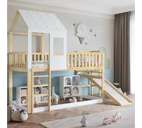 Zepneiy Lit Cabane 90x200 avec Toit et fenêtre, Lit Superposé 2 Places avec échelle rectangulaire et Toboggan, Lit Enfant Cadre en Pin et MDF Blanc Naturel (sans Matelas)
