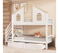 Zepneiy Lit cabane Enfants 90x200, Lit Superposé Enfant 90x200cm avec fenêtre, Lit Maison avec Compartiments de Rangement et tiroirs, Barrière de Sécurité et Bois MDF Blanc Naturel (sans Matelas)