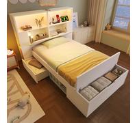 Zepneiy Lit Enfant 90x200 avec LED et USB, Lit Simple 90x200 avec Tabouret Queue et tiroirs, avec étagères et sommier à Lattes, pour Adolescent et Enfant, Cadre de en Bois Blanc(sans Matelas)