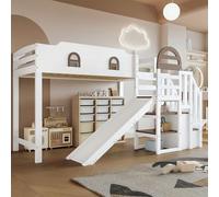 Zepneiy Lit Enfant 90x200 avec Toboggan et Rampe, Lit Superposé Enfant avec 2 casiers dans l'escalier et fenêtre, Pin et MDF Blanc (sans Matelas)