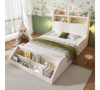 Zepneiy Lit Enfant 90x200 avec veilleuses et bibliothèque Amovible, Lit Simple 90x200 avec étagères et sommier à Lattes, pour Adolescent et Enfant, Cadre de en Bois Blanc(sans Matelas)