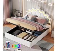 Zepneiy Lit Enfant avec éclairage d'ambiance réglable,Lit Coffre 140x200 avec lit Princesse en Forme Couronne, sommier à Lattes et Dossier Cadre de, Fabriqué PU Blanc (sans Matelas)