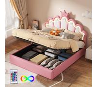 Zepneiy Lit Enfant avec éclairage d'ambiance réglable,Lit Coffre 140x200 avec lit Princesse en Forme Couronne, sommier à Lattes et Dossier Cadre de, Fabriqué PU Rose (sans Matelas)