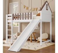 Zepneiy Lit Mezzanine 1 Place 90x200 cm avec Toit et Fenêtre, Lit Enfant en Bois avec échelle Droite à Trois marches, Lit Mezzanine Enfant avec Toboggan, Lit en Hauteur avec échelle et Balustrade