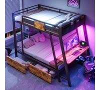 Zepneiy Lit Mezzanine 1 Place avec LED et USB et TypeC,Lit Superposé Enfant 90x200 avec Bureau de Gaming intégré et 2 paniers de Rangement,Lit Gaming pour Jeunes en Fer Noir(sans Matelas)