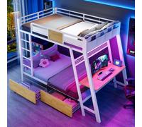Zepneiy Lit Mezzanine 1 Place avec LED et USB et TypeC,Lit Superposé Enfant 90x200 avec Bureau de Gaming intégré et 2 paniers de Rangement,Lit Gaming pour Jeunes en Fer Blanc(sans Matelas)