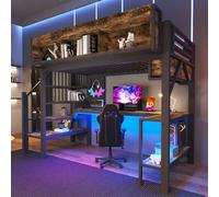Zepneiy Lit Mezzanine 1 Places Vintage Marron Noir avec avec Bureau d'angle, Lit Superposé Enfant 90x200 avec rangements et Plaque perforée, Lit Enfant avec USB Type-C et LED(sans Matelas)