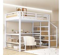 Zepneiy Lit Mezzanine 140×200cm avec échelle de Rangement, avec étagère et Table, Design barrière de sécurité avec plaques métalliques épissées, Blanc (Matelas Non Inclus)