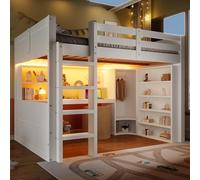 Zepneiy Lit Mezzanine 140x200 cm, lit Double Enfant avec lumière LED, tiroirs et Bureau, lit Mezzanine en Bois avec Armoire et Compartiments de Rangement, Blanc (Matelas Non Inclus)
