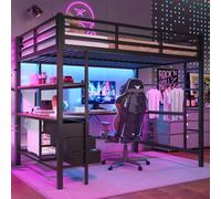 Zepneiy Lit Mezzanine 2 Place avec lumière d'ambiance télécommandée et USB, lit Mezzanine avec avec 3 tiroirs et étagères,Lit Superposé Enfant 140x200 avec escalier et Balustrade, Noir(sans Matelas)