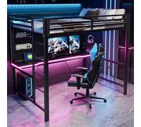 Zepneiy Lit Mezzanine 2 Place en métal avec éclairage LED et Station de Recharge USB, Lit Mezzanine Gaming 140x200 avec Bureau, Noir(sans Matelas)