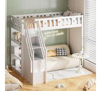 Zepneiy Lit Mezzanine 90 x 200 cm avec échelle de Rangement et étagères, lit Simple en Bois, lit Enfant Structure en Bois Massif, Blanc