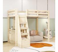 Zepneiy Lit Mezzanine 90x200 cm, Plan de Travail avec étagères, escalier avec rangements et tiroirs, lit Simple en Bois Massif Coloris Naturel (Matelas Non Inclus)