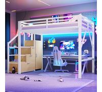 Zepneiy Lit Mezzanine avec éclairage LED 140x200 cm, Lit Mezzanine en métal, avec Compartiments de Rangement et Armoire, Lit Double à Cadre en Fer, Blanc (Matelas Non Inclus)