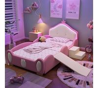 Zepneiy Lit pour enfant avec bandes LED multimode - Lit rembourré 90 x 200 cm - Avec lit princesse en forme de couronne - Lit simple avec échange à gauche et à droite - Escalier en cuir synthétique