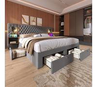 Zepneiy Lit rembourré 180×200 cm, Lampe de Lecture de Chevet avec Fonction de Chargement USB, lit Double rembourré, avec 2 Tables de Chevet et 4 tiroirs,Tissu Velours, Gris (Matelas Non Inclus)