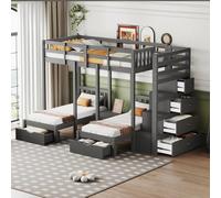 Zepneiy Lit superposé en Bois Massif 90 x 200 cm avec tiroirs de Rangement et escalier de sécurité, avec chevets, Gris (Matelas Non Inclus)