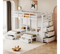Zepneiy Lit superposé en Bois Massif 90 x 200 cm avec tiroirs de Rangement et escalier de sécurité, avec chevets, Blanc (Matelas Non Inclus)