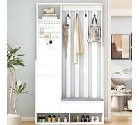 Zepneiy Porte-Manteau de Couloir, Meuble à Chaussures de Couloir Multifonctionnel avec Tabouret de Rangement rembourré et Panneau perforé, Blanc, 100 x 35 x 180 cm
