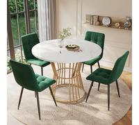 Zepneiy Table a Manger avec 4 chaises, Table Salle à Manger Ronde 100cm en MDF Blanc Pieds en métal doré avec Chaise de Salle à Manger Moderne avec Velours Verte, pour Cuisine Salle à Manger