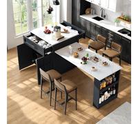 Zepneiy Table a Manger Extensible avec Espace de Rangement, Desserte Cuisine avec Deux tiroirs et Quatre Compartiments, Table Extensible pour îlot de Cuisine Noir (133-202 × 70 × 93,5 cm)