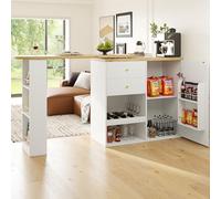 Zepneiy Table de Bar à 360° avec 2 tiroirs et Armoire à Portes coulissantes, Table avec 3 Niveaux d'espace de Rangement Ouvert, pour Salle à Manger et Salon, Blanc (Corps Principal 105 x 39 x 102 cm)
